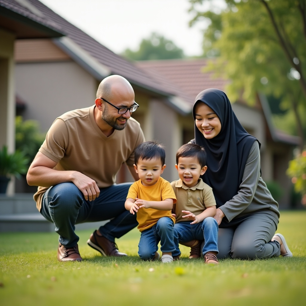 A cheerful Indonesian family enjoying a day in their front yard. The scene features a bald father with glasses, a mother wearing a hijab, and two young boys—one 7 years old and the other 4 years old. They are playing on a well-maintained lawn in front of their home. The children are laughing and interacting playfully with each other, while the parents encourage their fun. The setting is peaceful, showcasing a typical family life in Indonesia. The background includes cozy house features and greenery, making it an inviting atmosphere.