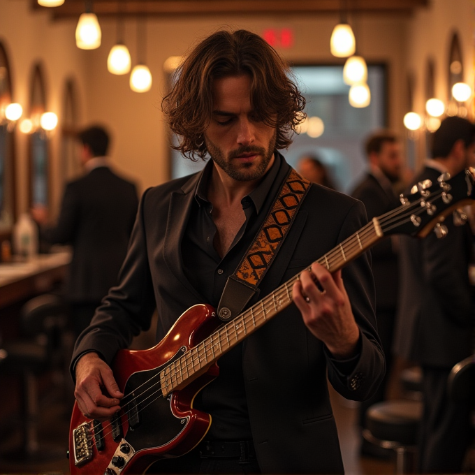 A man in a suit plays a bass guitar in a stylish room with warm lighting.