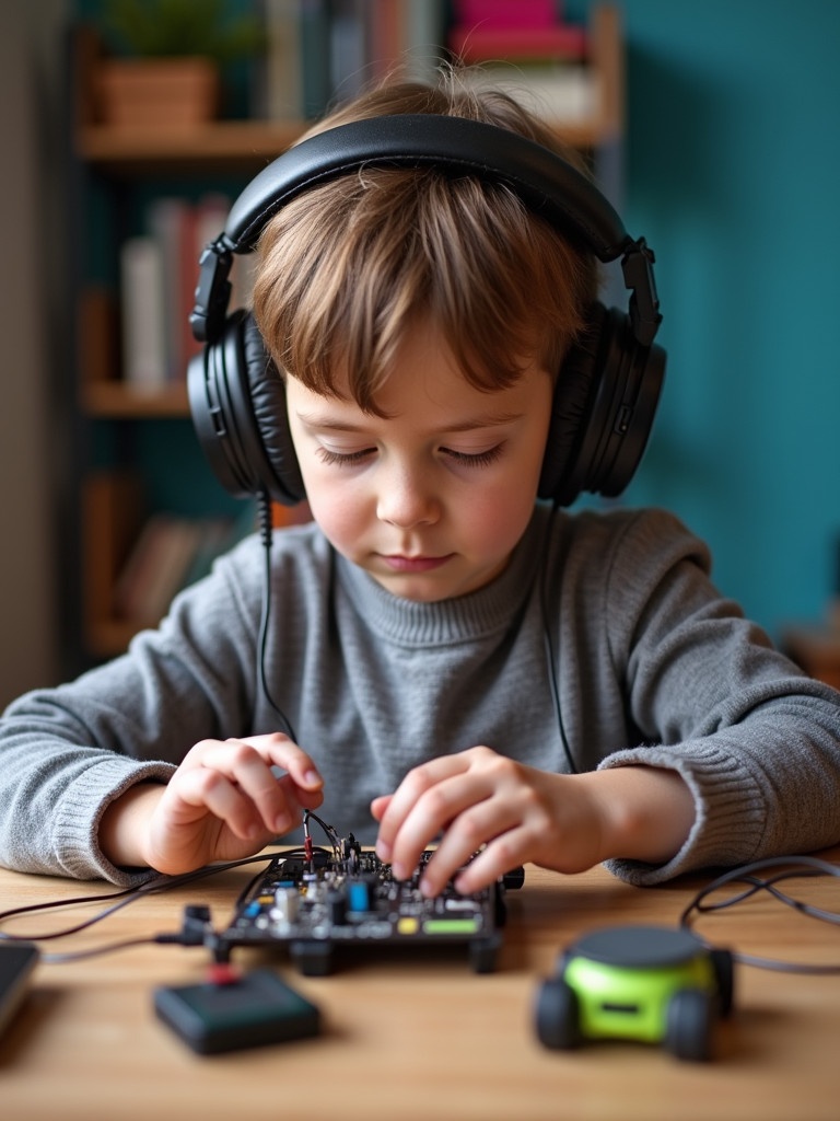 A child wearing headphones is focused on a DIY electronics project surrounded by wires and gadgets on a desk.