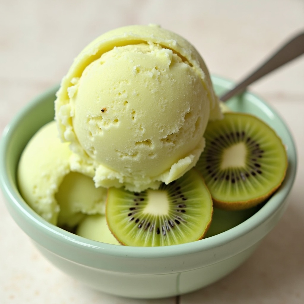 This image showcases a delicious scoop of homemade kiwi ice cream served in a soft green bowl. The ice cream has a bright, appealing yellow-green color, suggesting refreshing flavor. Slices of fresh kiwi are arranged around the scoop, adding texture and vibrancy to the presentation. The lighting is warm and inviting, enhancing the creamy texture of the ice cream. A silver spoon rests on the side, ready to indulge in this delightful treat.