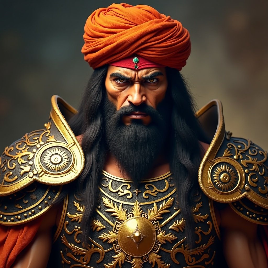 Fierce authoritative warrior with chiseled face and intense eyes. Red tilak on forehead. Long hair under orange-red turban. Ornate golden-black armor with intricate patterns. Golden bracers. Exudes royalty and readiness.