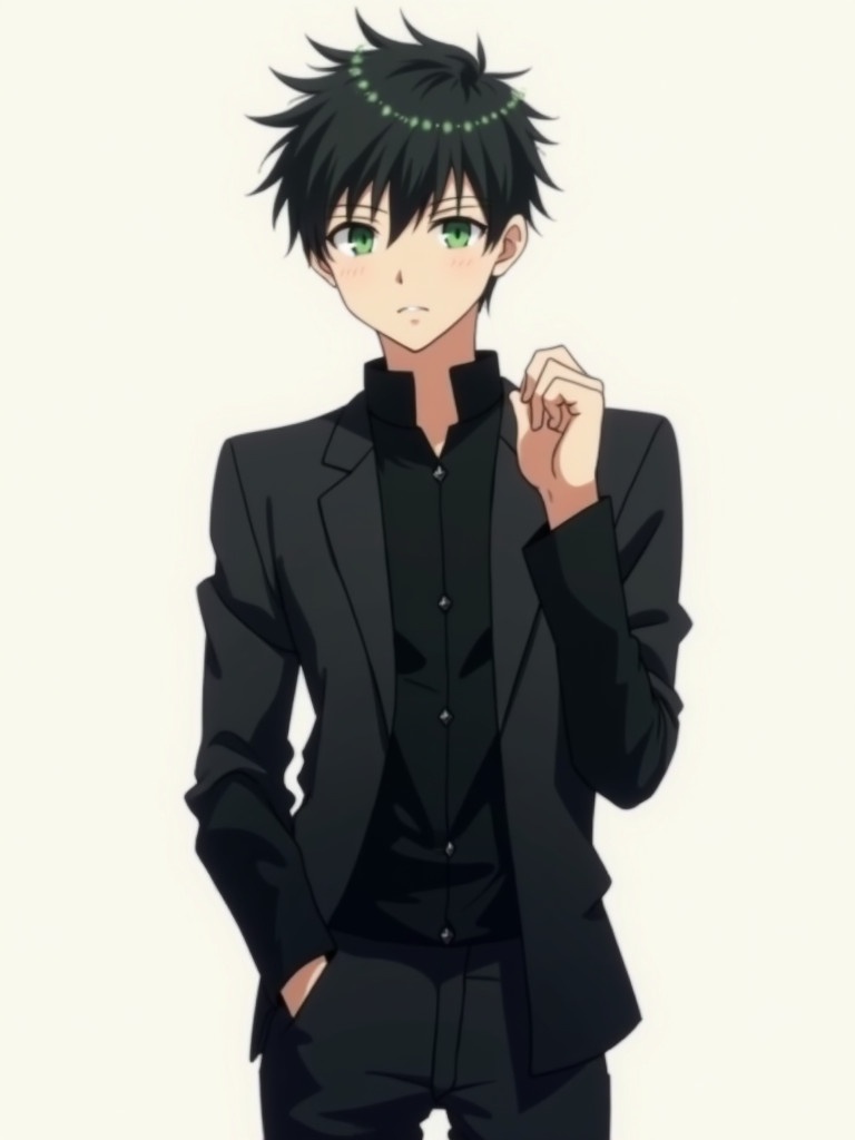 Anime boy with a stylish fade haircut and small green eyes. He wears a full-arm black shirt and matching black pants. Character appears thoughtful against a light background.