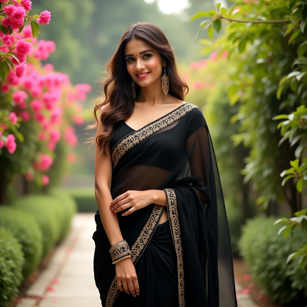 A woman in a beautifully crafted saree stands gracefully in a lush garden. She wears a black saree adorned with delicate gold embroidery. The background is filled with vibrant blooming flowers, adding to the serene atmosphere. Her hair flows elegantly, complementing her radiant expression. The soft, natural lighting highlights her features, showcasing the elegance of traditional wear.