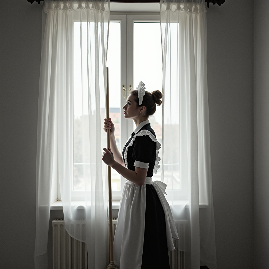 A maid in traditional attire stands by a window holding a broom, highlighted by soft natural light.