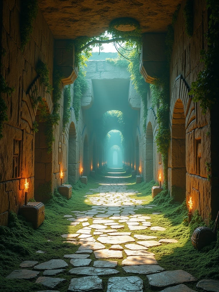 Ancient temple corridor with weathered stone walls. Moss-covered with vines. Symbols and hieroglyphics. Treasure chest at the end. Mechanical booby traps and pressure plates. Warm gold torchlight. Bright blue-green daylight from crevices. Long shadows on stone walls. Rich color palette. Stunning details. Evocative of fantasy concept art.