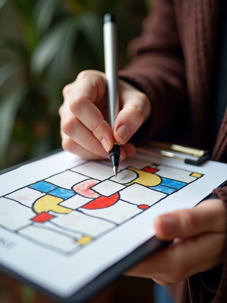 A person drawing an abstract geometric design with colored shapes.