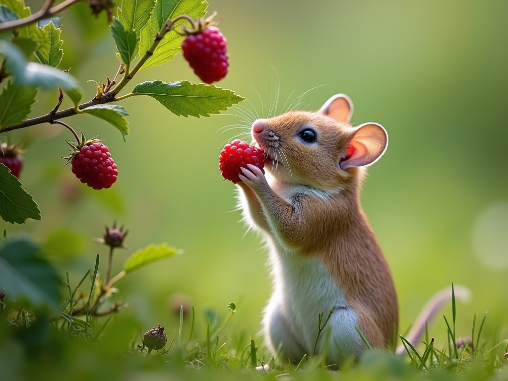 A charming image of a small field mouse gently holding a ripe raspberry, set against a vibrant green background. The scene captures the innocence and curiosity of the mouse as it interacts with the natural world, surrounded by green leaves and additional raspberries on the branch.