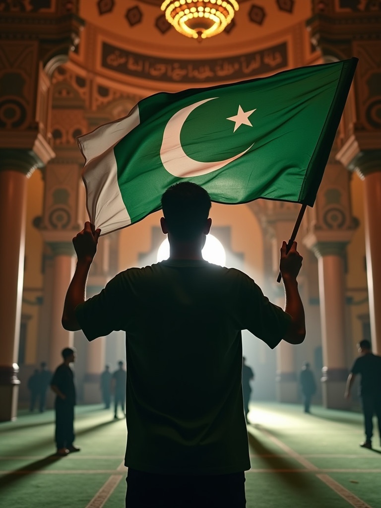 A man stands in a mosque holding the green and white flag of Pakistan. The mosque is ornately decorated with ambient light casting shadows. Many figures are in the background. It captures cultural pride and religious reverence.