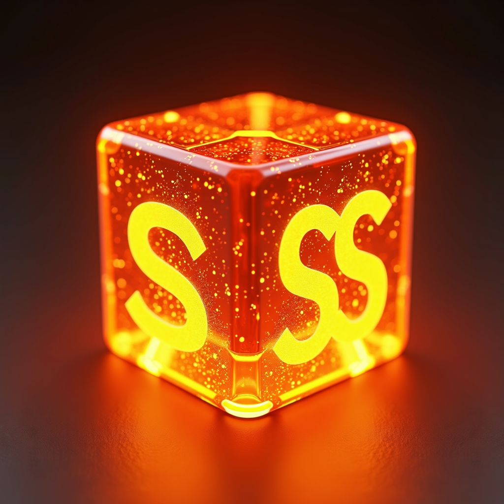 A translucent orange cube is illuminated from within, with glowing 'S' letters on its sides.