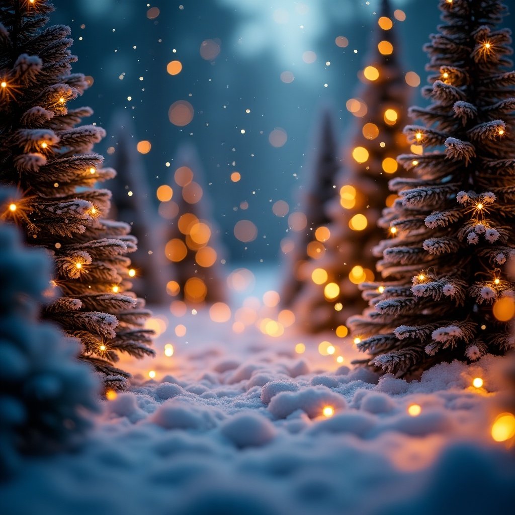 A beautiful winter Christmas background with snowy trees adorned with warm glowing lights. Soft snow covers the ground. The atmosphere is magical and inviting, with a blurred background.