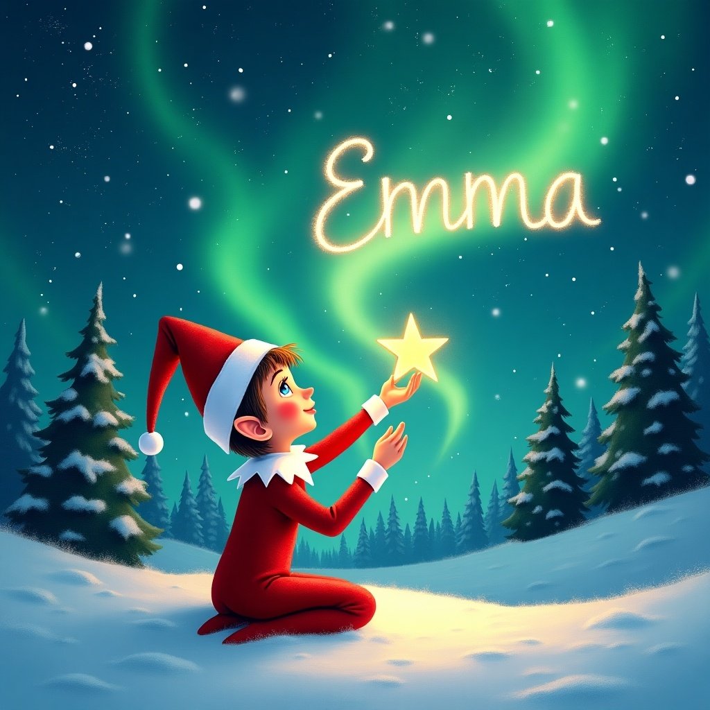 Elf on the shelf sits in snowy landscape gazing upwards. Vibrant northern lights in green and blue hues fill the sky. Elf writes message in sky saying Emma while holding glowing star. Snow covers ground. Evergreen trees are in background. Mood is festive and magical.