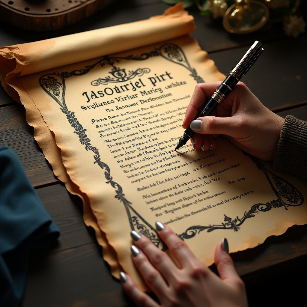 A beautifully textured aged parchment with irregular edges. A person writes elegantly with a fountain pen. Calligraphy invites guests to an enchanting event. Text describes The Oath of the Order of the Blue-Veiled Maiden, dated Anno Domini 1520. Captures timeless glamour and elegance.