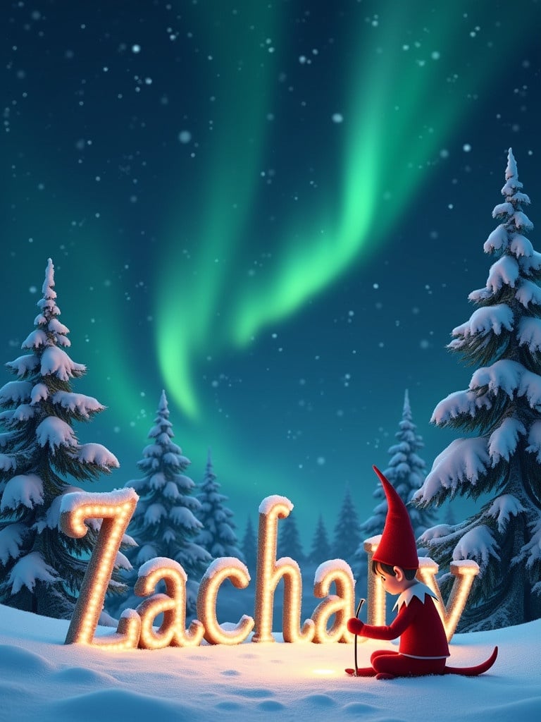 Name spelled in illuminated cursive letters. Background features a magical night sky with northern lights. Snow-covered pine trees create a festive atmosphere. An animated elf dressed in red sits in the snow writing the name 'Zachary'.