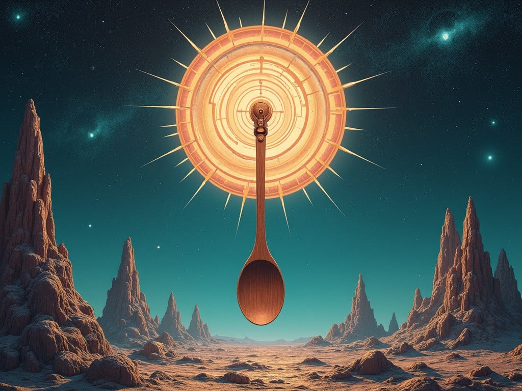 The image titled 'Electrospoon' is a surreal space rock album cover. It features a mysterious cult symbol with a wooden spoon positioned inside a bright Fibonacci spiral. Surrounding the spiral are radiant moon rays, adding to the celestial feel. Below, the rocky formations resemble the iconic Pillars of Creation, as viewed through the James Webb Space Telescope. The entire scene is set in a cosmic atmosphere, evoking feelings of wonder and trepidation, suggesting themes of exploration and encounte with the unknown. This artwork blends fantasy and science fiction, making it appealing to fans of both genres.