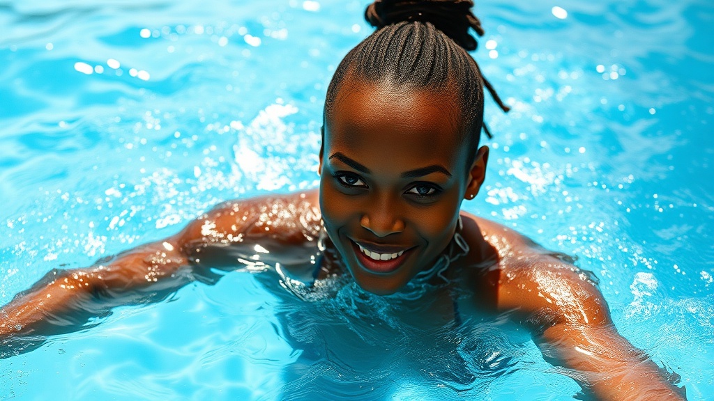 The image depicts a person enjoying a swim in a bright blue pool. The person is smiling radiantly while swimming, showing a sense of relaxation and joy. The clear blue water and the sunlit skin create a vibrant and refreshing ambiance.