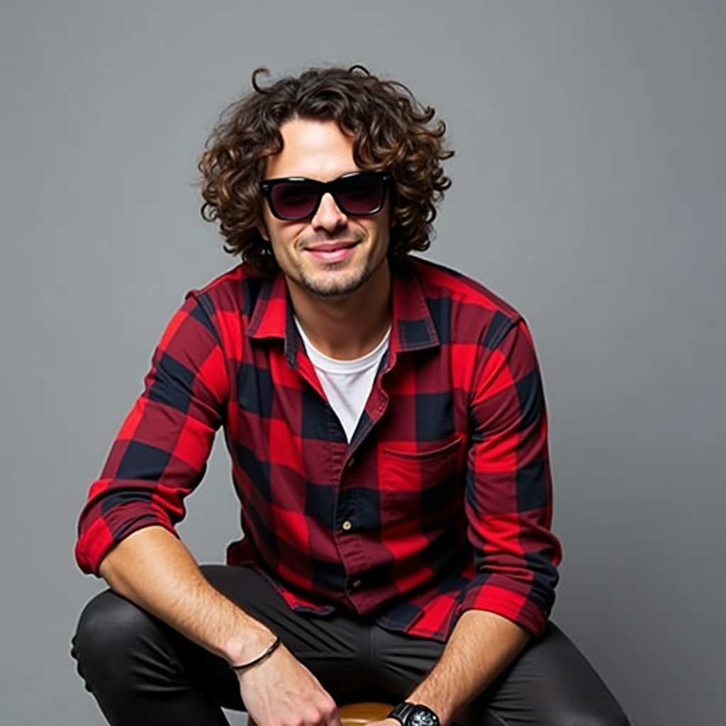 The image features a man with curly hair wearing sunglasses. He is dressed in a casual checkered shirt with rolled-up sleeves. The shirt is predominantly red and black in color. The man is also wearing dark pants and has a watch on his wrist. He is seated against a plain gray background and is posing confidently for the camera.