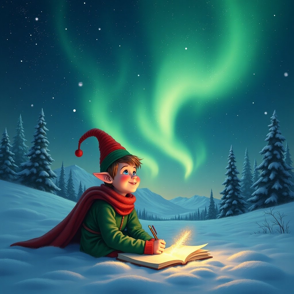 An elf in winter attire sits on snow, writing in the snow under a sky filled with vibrant northern lights.