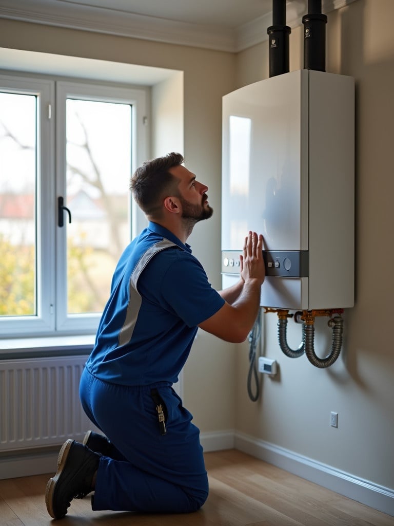 Image captures a gas engineer installing a gas boiler in a home. The engineer interacts with the boiler in a modern and functional setting. Natural light flows in from the windows creating an inviting atmosphere.