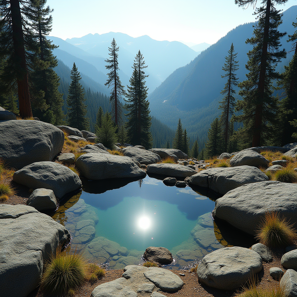 A tranquil pond reflects the sun amidst a mountainous pine forest.