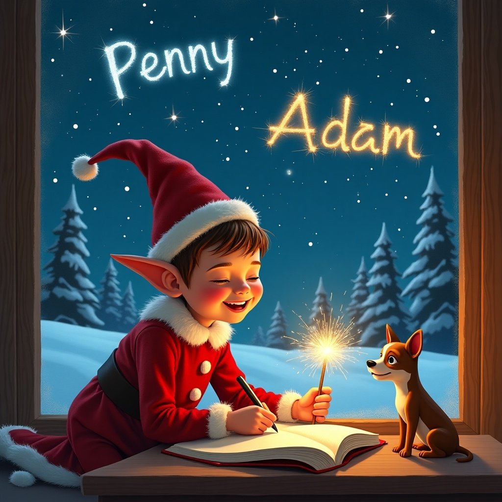 An elf in a red outfit with a pointy hat sits at a cozy window. The scene is lit by a starry night sky. He is happily writing in a book with a sparkler as a magic wand. Beside him, a small dog watches the sparkler glow with curiosity. The outside landscape is snowy, creating a festive atmosphere. The elf’s expression reflects delight and concentration. He writes the names 'Penny' and 'Adam' in the sky with sparkler light, adding a magical touch to the scene.