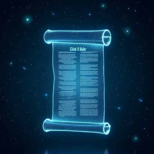 A dark blue starry background is present. A semi-transparent digital scroll is in the center. The scroll unrolls and shows glowing etched lines. There are subtle green and blue light effects around the scroll.