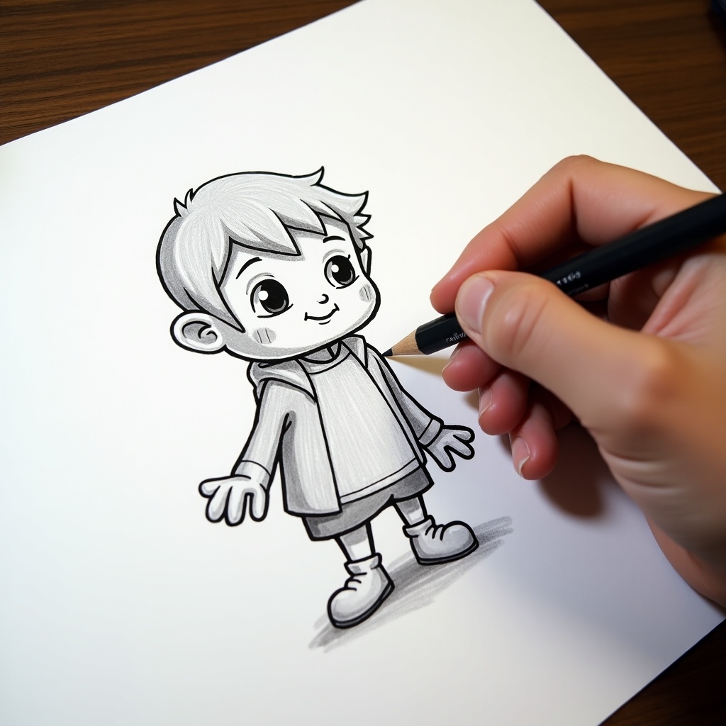 A person draws a cartoon character using a pencil on white paper. Focus on the details of the character design. Capture the hand holding the pencil in action. The character has cartoon proportions. The drawing is done in black and white, emphasizing a sketching style.