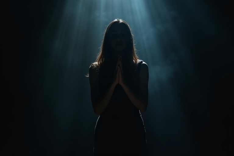 A woman stands in a dark setting with hands clasped in prayer. Light rays illuminate the space around her, creating a spiritual ambiance. The background is hazy and artistic. The face of the woman is not shown.