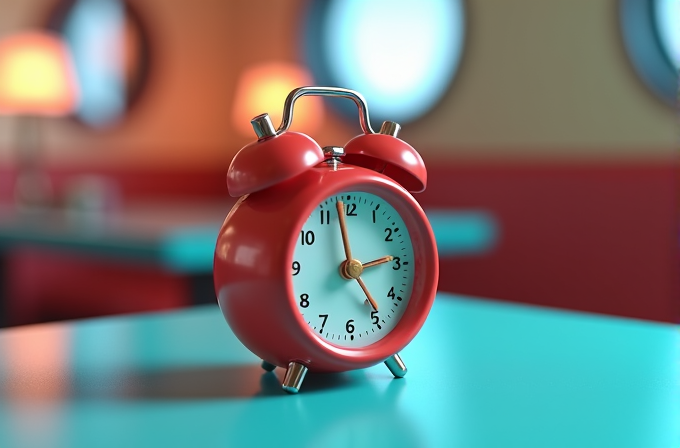 A red vintage alarm clock with a white clock face is placed on a smooth turquoise surface, set against a softly blurred room background with warm circular lights.