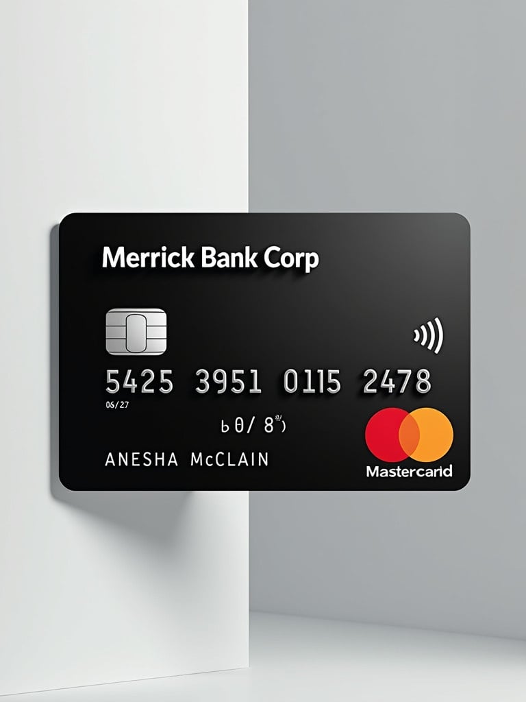 Image of a realistic black Mastercard. Features silver letters with the name Anesha McClain. Card number is 5425 3951 0115 2478. The expiration date shows 06/27. Card displays the Mastercard logo prominently.