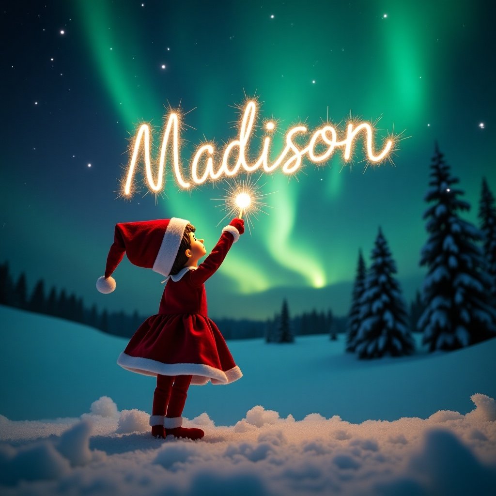 This image showcases an enchanting scene capturing a girl elf on the shelf positioned with its back to the viewer. The elf is dressed in a traditional red dress outfit and faces upwards toward a stunning dark sky filled with vibrant northern lights. With a magic wand in hand, it elegantly writes the name Madison in sparkling letters against the backdrop. The snowy ground adds a serene touch to this magical moment. Overall, the atmosphere is filled with wonder and holiday joy, perfectly embodying the essence of Christmas.