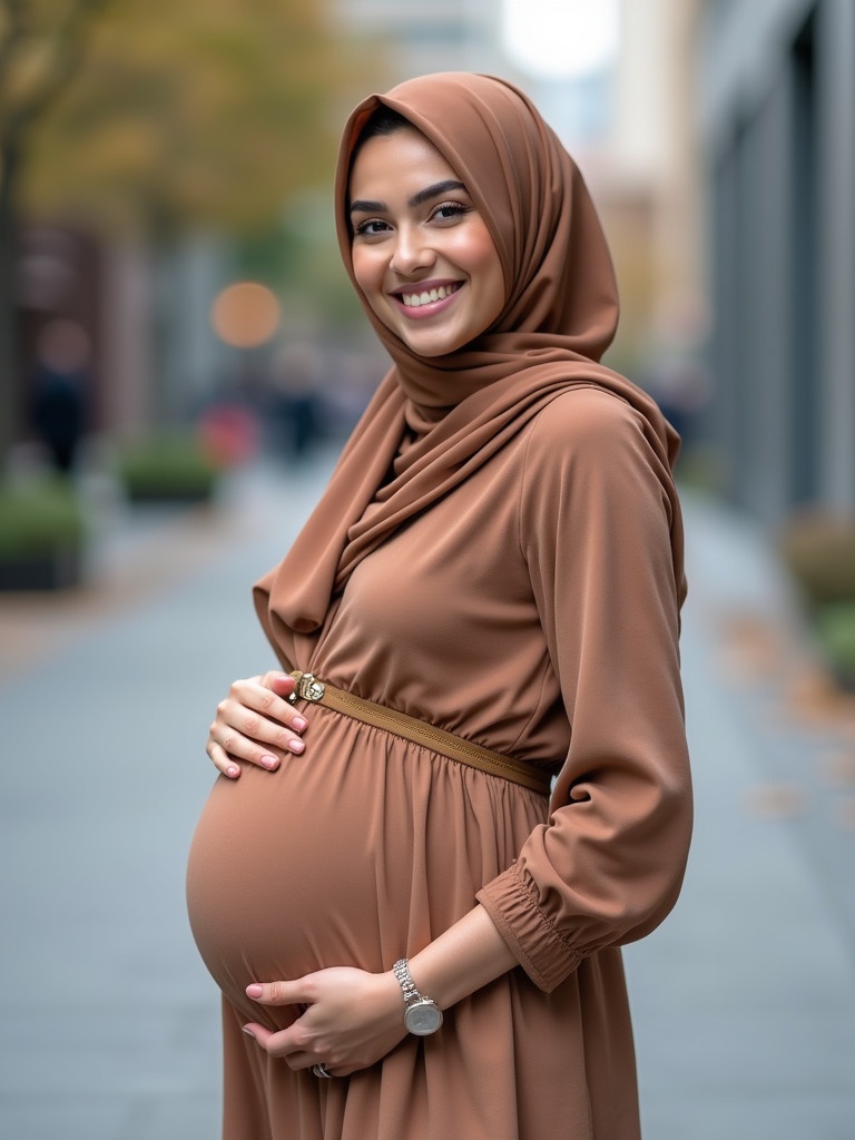 Stylish pregnant woman wearing brown hijab. She stands in urban setting. Smiling warmly. Dressed elegantly.