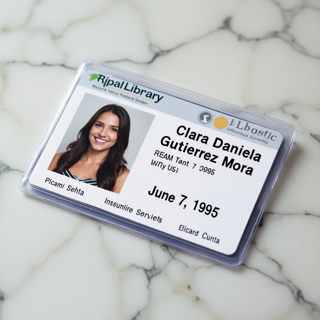 This image features a library ID card from the Rizal Library, showcasing the name 'Clara Daniela Gutierrez Mora'. The ID includes a birth date of June 7, 1995. The card is displayed on a pristine marble surface which adds elegance to the scene. The overall colors are light, with prominent blue and white elements. This top-down view captures the details of the ID card clearly, set within a soft, diffused lighting that highlights its features.