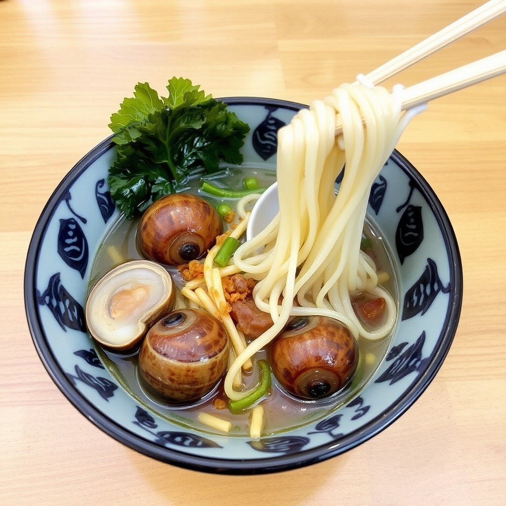 A bowl of noodles containing uniquely shaped ingredients resembling eyeballs.