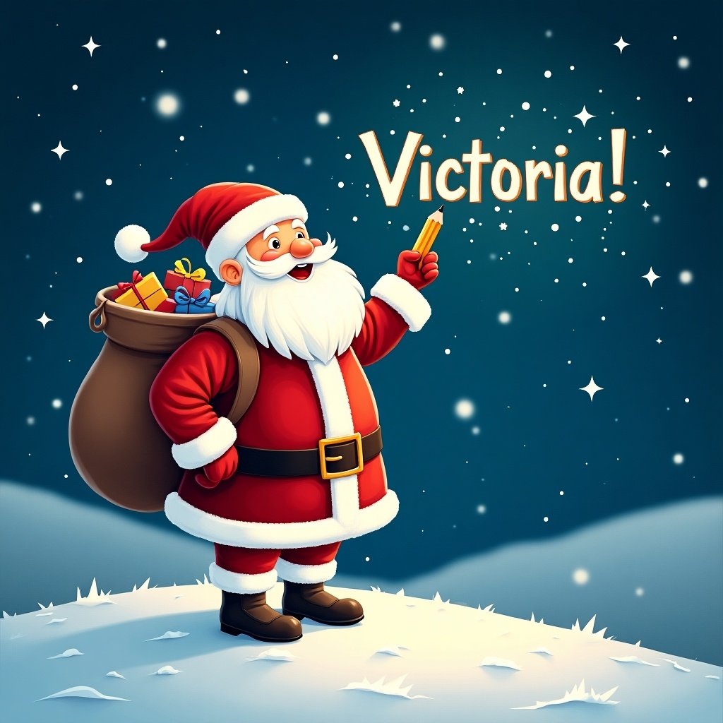 In a magical winter scene, Santa Claus stands on a snowy hill under a starry night sky. He is wearing his traditional red and white suit and has a large sack of gifts on his back. Holding a pencil, he looks up and writes names of children in the sky. The night sky is bright with twinkling stars surrounding him. The phrase 'Victoria!' is displayed in a whimsical font, enhancing the festive atmosphere.