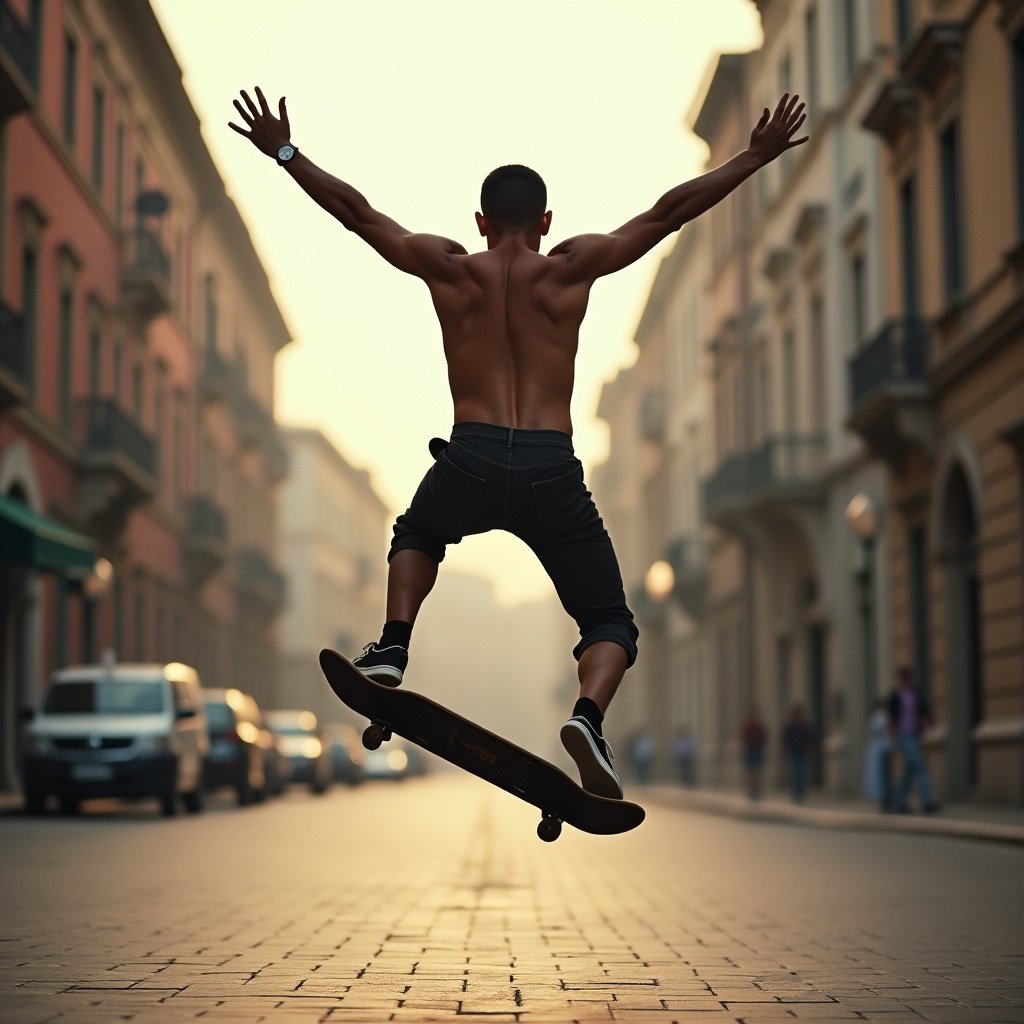 A man jumps in the air with a skateboard. The photo captures him from behind with arms spread wide. The setting is an urban street. The style is hyper-real and filmic. Soft light bounces around, creating a warm atmosphere. The dancer looks ready to take flight.