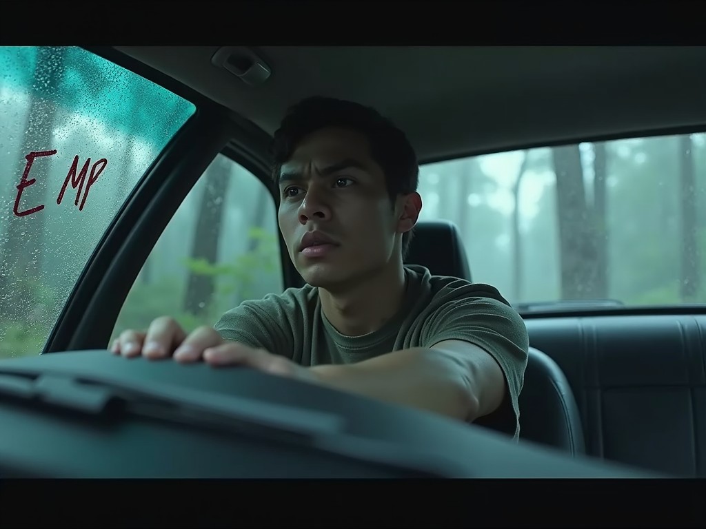 A person sitting in a car, looking intently through the windshield, with the letters 'EMP' written on the fogged window. The scene is set in a misty forest, creating a tense and mysterious atmosphere.