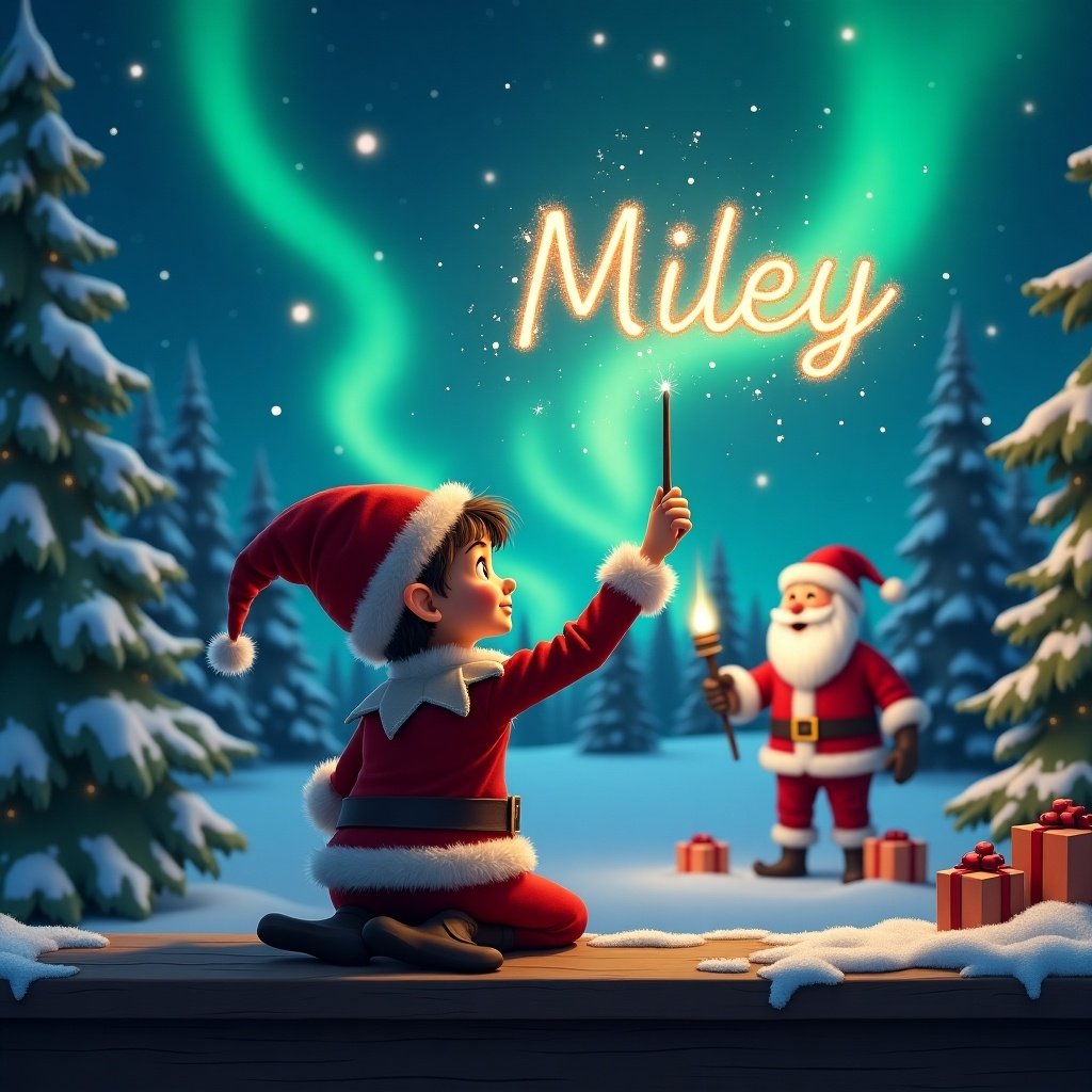 A young boy elf is seated on a wooden ledge, her back facing the viewer as she delights in the beauty of the night sky filled with vibrant northern lights. She holds a magic wand, gracefully writing the name ‘Miley' in sparkling letters above her. In the background, a whimsical winter scene includes Santa Claus, cheerfully preparing for the holiday. The overall atmosphere is enchanting and festive, embodying the magic of Christmas. Snow-covered trees surround the area, and a few presents hint at the joyous celebrations to come.