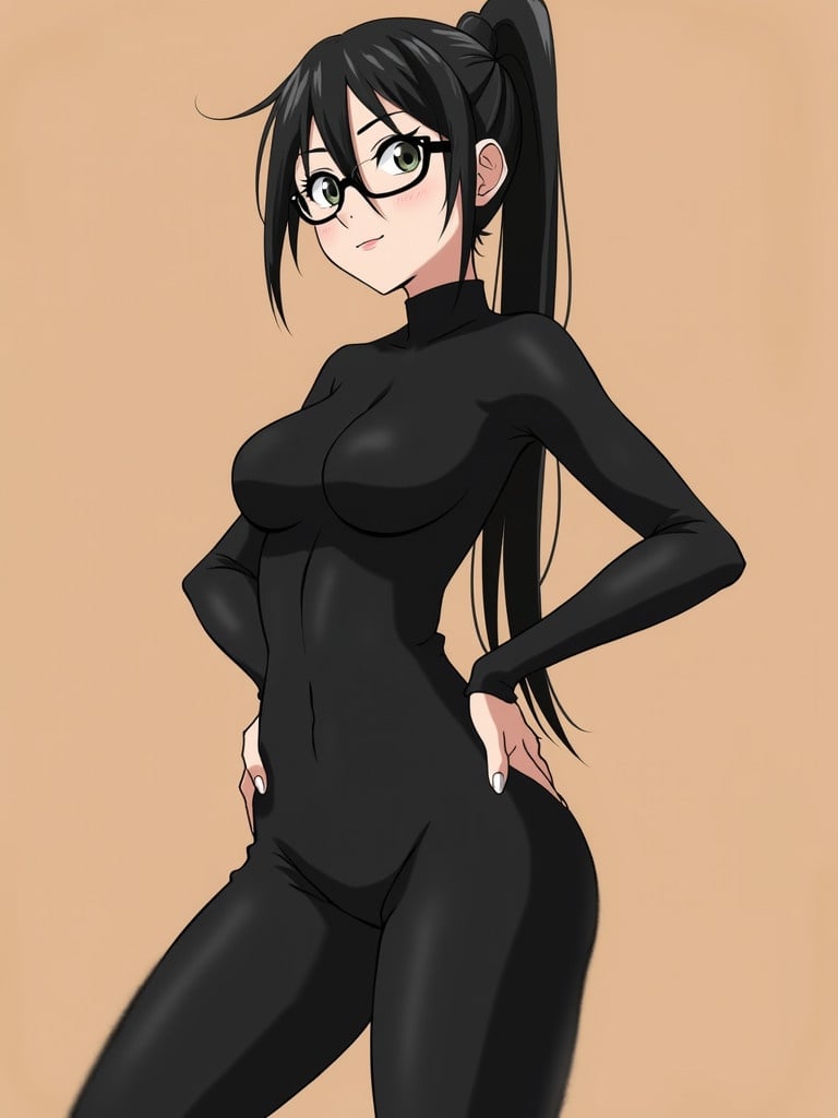 Anime-style character posing confidently. Long black hair in high ponytail. Form-fitting black outfit. Plain brown background enhances focus. Expressive eyes create impact.