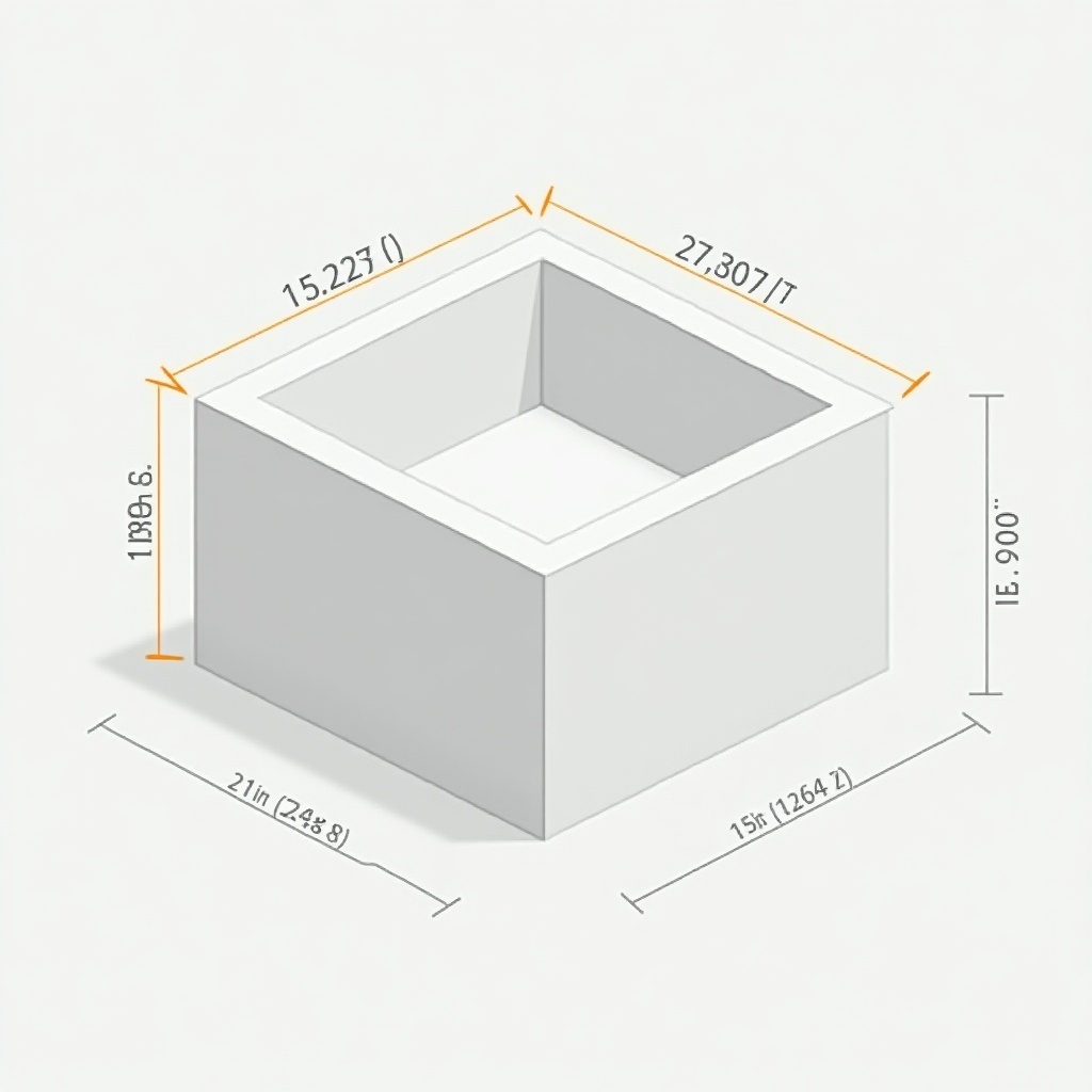 Rectangle box illustration with clear dimensions. Measurements in yellow. Length, width, height indicated in inches. Isometric perspective demonstrated. Gray background enhances dimension visibility. Useful for engineering and architecture.