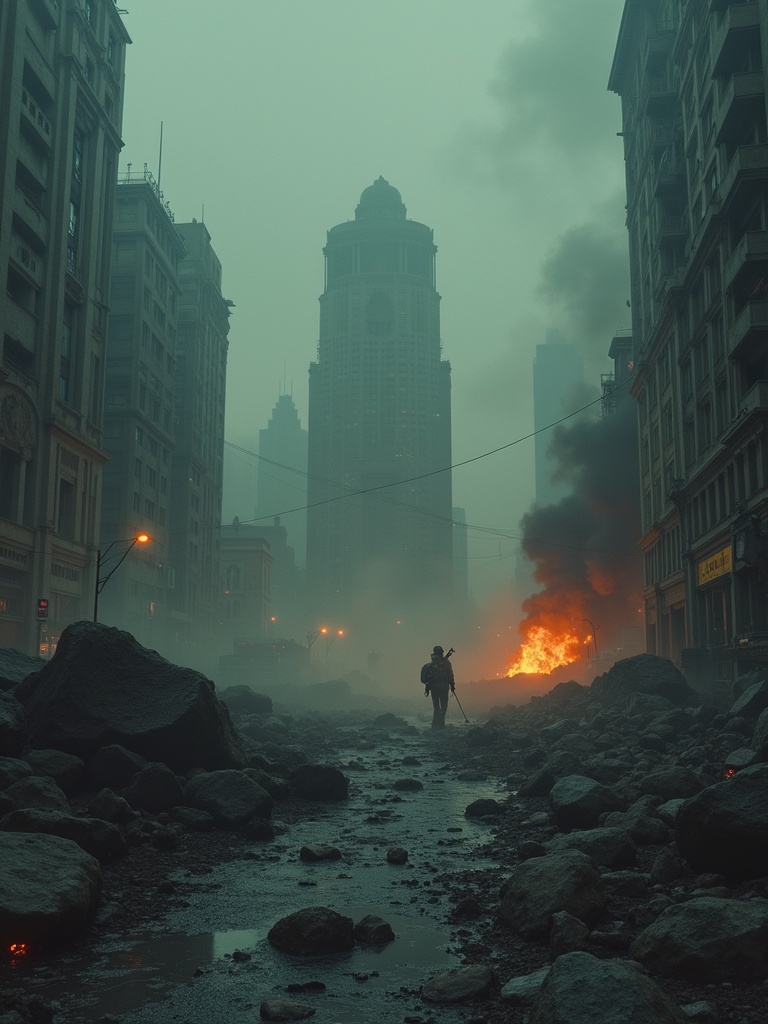 Scene depicting a devastated urban area after an apocalypse. Smoke billows from fires in the background. Silhouette of a person standing among the wreckage. Dim lighting enhances the eerie mood. Ruined buildings frame the scene.