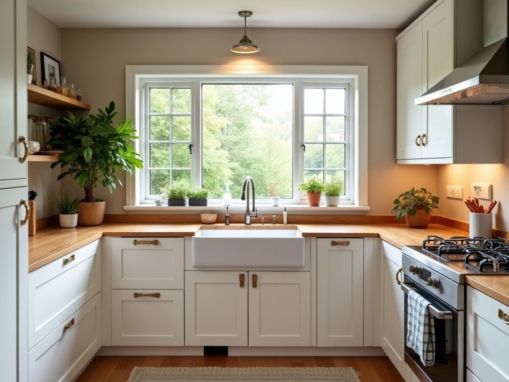 This image depicts a cozy modern kitchen with white cabinetry. The focal point is a large farmhouse sink that adds charm. Warm wooden elements complement the white cabinets. Green plants in pots introduce a refreshing touch of nature. The window provides natural light, enhancing the inviting atmosphere.