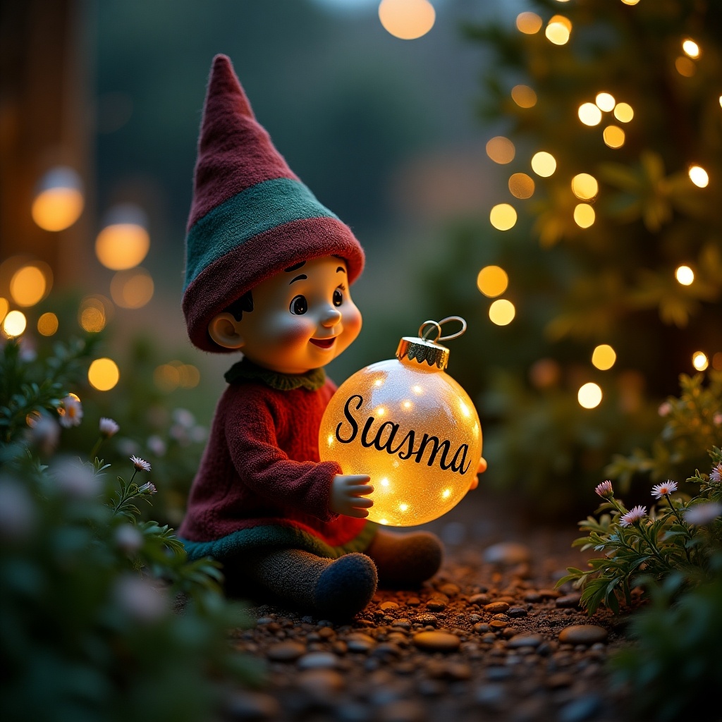 In a serene night garden, a cheerful child-like character sits cross-legged on a pebble path. Wearing a cozy red and green outfit and a pointed hat, they are gently cradling a glowing Christmas bauble. The bauble is bright and cheerful, emitting a soft light that illuminates their joyful face. Surrounding them are twinkling lights and lush greenery that add to the magical atmosphere. The scene is enchanting and captures the warmth and delight of the Christmas season.