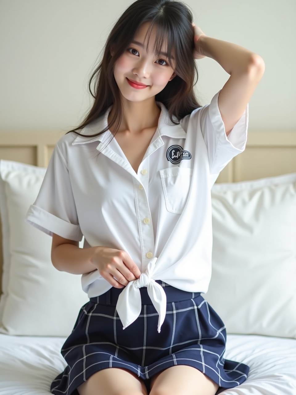 A young woman sitting on a bed, smiling softly, wearing a tied white shirt and a checkered skirt, presenting a cheerful and fresh vibe.