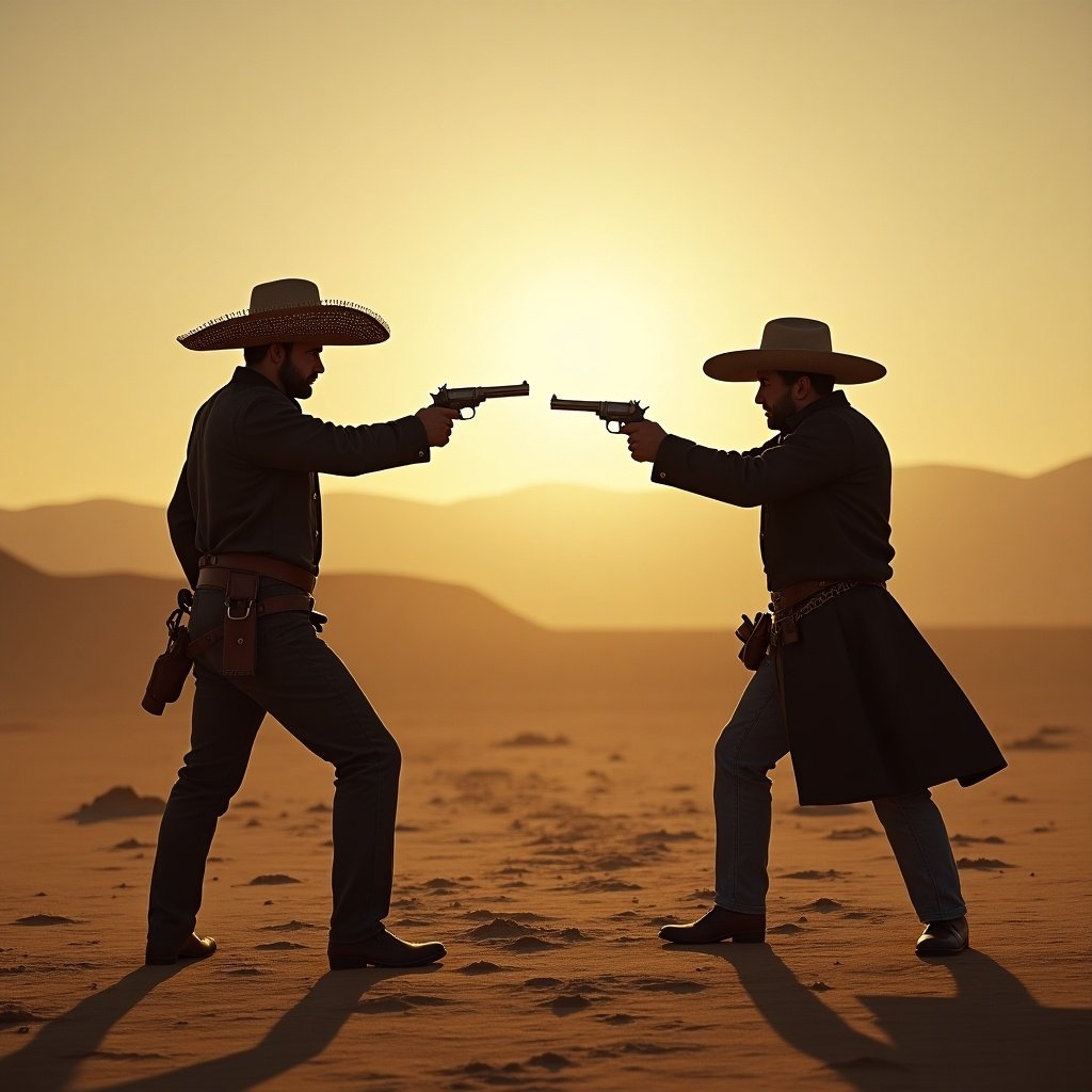 A dramatic scene depicts a tense western duel set in the heart of a vast desert. Two figures face each other, one wearing a sombrero and wielding a navy Colt 1851, the other in a dark coat. The sun sinks low, casting a golden hue over the landscape, creating a mysterious atmosphere. The perspective is from behind the holster of the American gunslinger, emphasizing the suspense of the moment. This encounter appears shrouded in intrigue, hinting at a story untold, a conflict between cultures that no one really knows about.