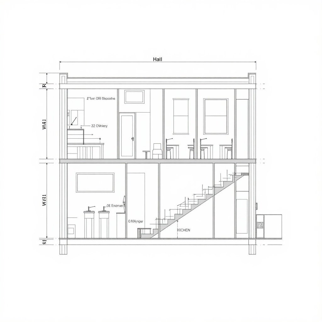 Architectural section plan shows detailed view of two-story building layout. Kitchen, hall, and WC are included. Dimensions and structural components are annotated. Windows and doors are marked for placement identification. Staircase connects two floors, along with interior furnishings.