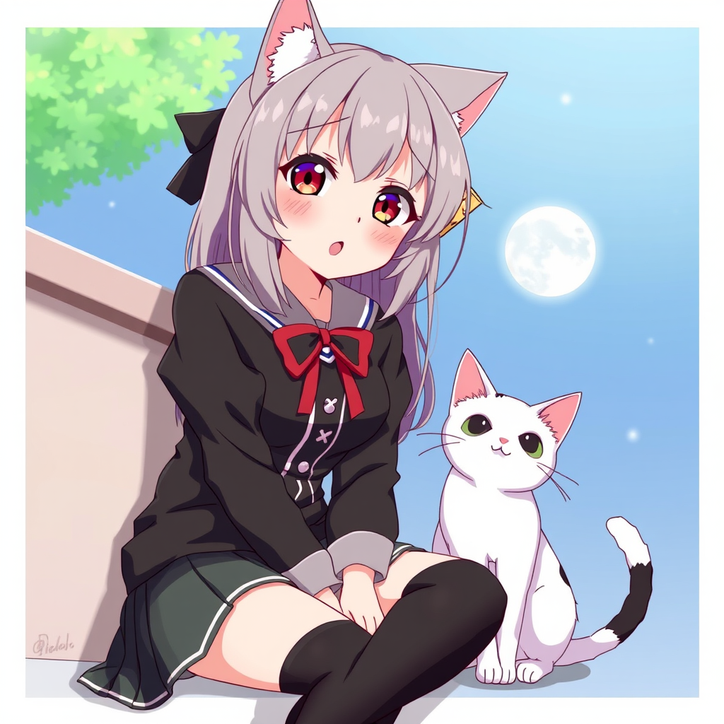 An anime-style girl with cat ears and a white cat sit under a full moon against a clear night sky.