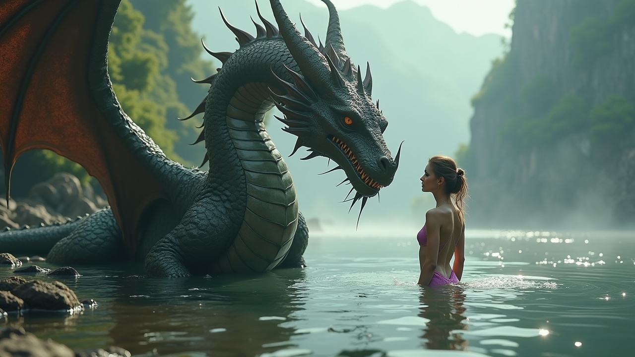 A stunning scene unfolds as a gorgeous woman stands confidently in a serene body of water. Beside her, an imposing dragon gazes curiously, its scales glistening in the sunlight. The background features lush green mountains, adding a mystical touch to the atmosphere. The dragon's menacing yet majestic posture contrasts beautifully with the woman's relaxed stance. This unique fusion of fantasy elements captures the imagination, embodying the essence of adventure and magic.