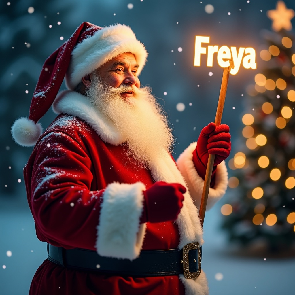 The image features a jolly Santa Claus celebrating Christmas night. He is dressed in a classic red suit with white fur trim, surrounded by gently falling snow. Santa holds a glowing stick that illuminates the name 'Freya.' In the background, you can see fairy lights twinkling around Christmas trees. The scene radiates warmth and holiday magic, embodying the joy of Christmas family gatherings.