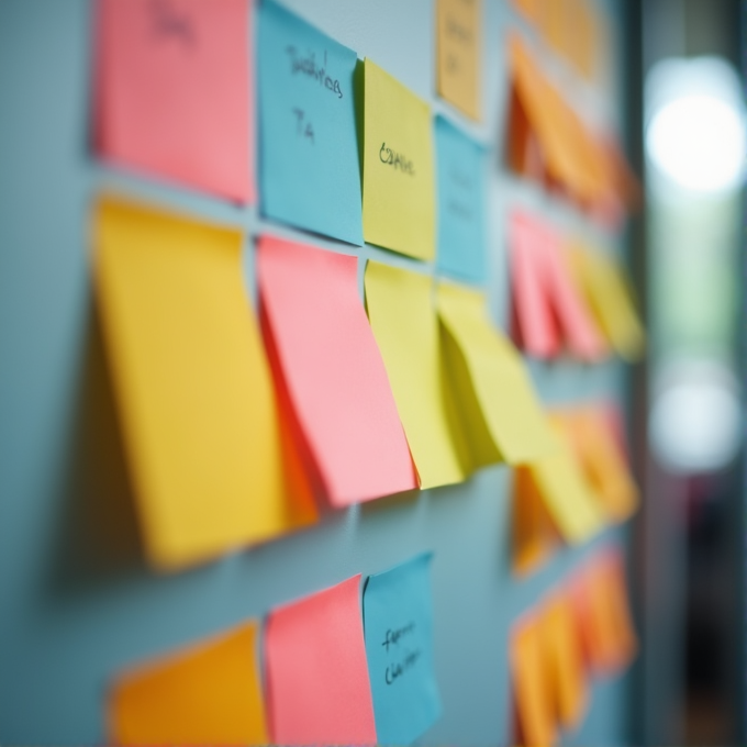 The image shows a wall covered with colorful sticky notes arranged in rows.