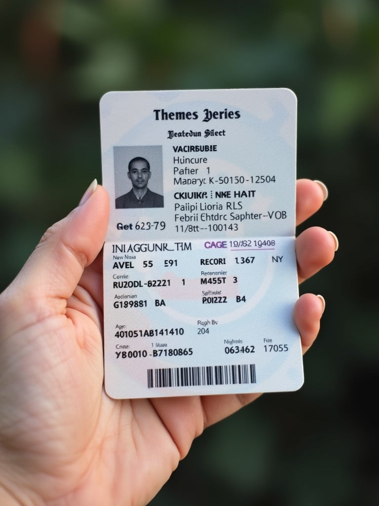 A passport ID card is held in a hand. The card displays various personal details for identity verification. The background is softly blurred with greenery.